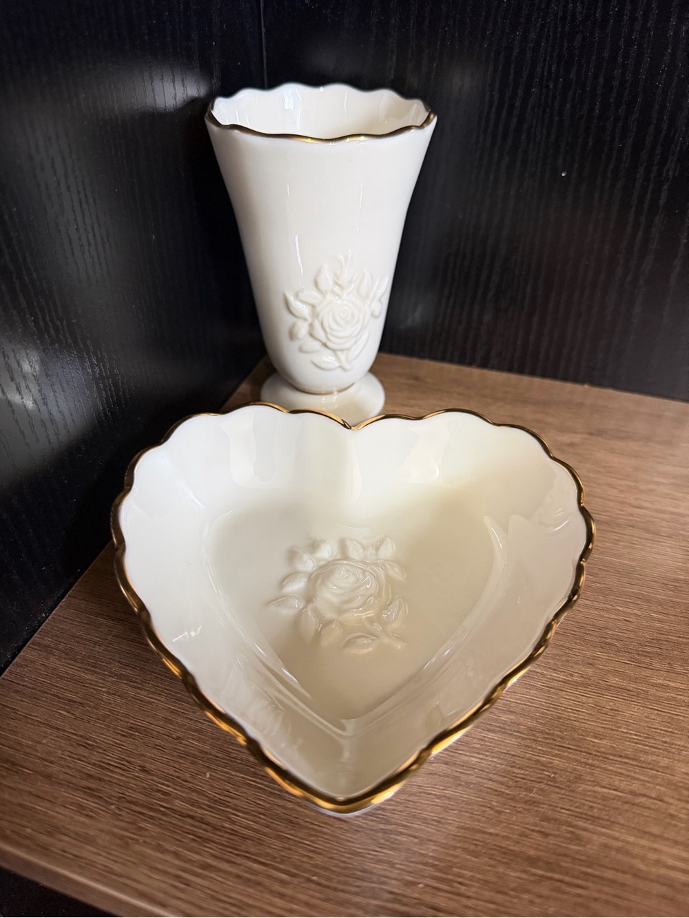 Lenox White Porcelain Heart Dish and Vase with Gold Trim